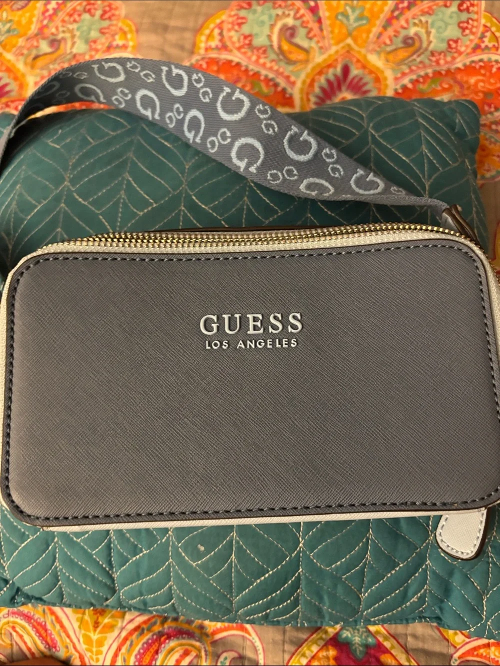 GUESS Slate Gray Saffiano Crossbody Bag with Gold Hardware